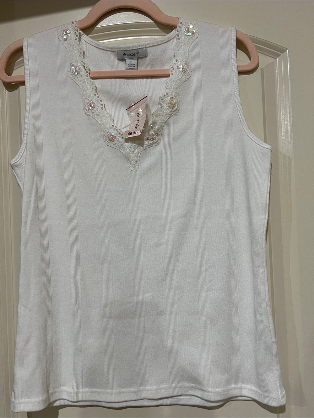 dressbarn White Sleeveless Knit Tank with Lace & Sequin V-Neck H296